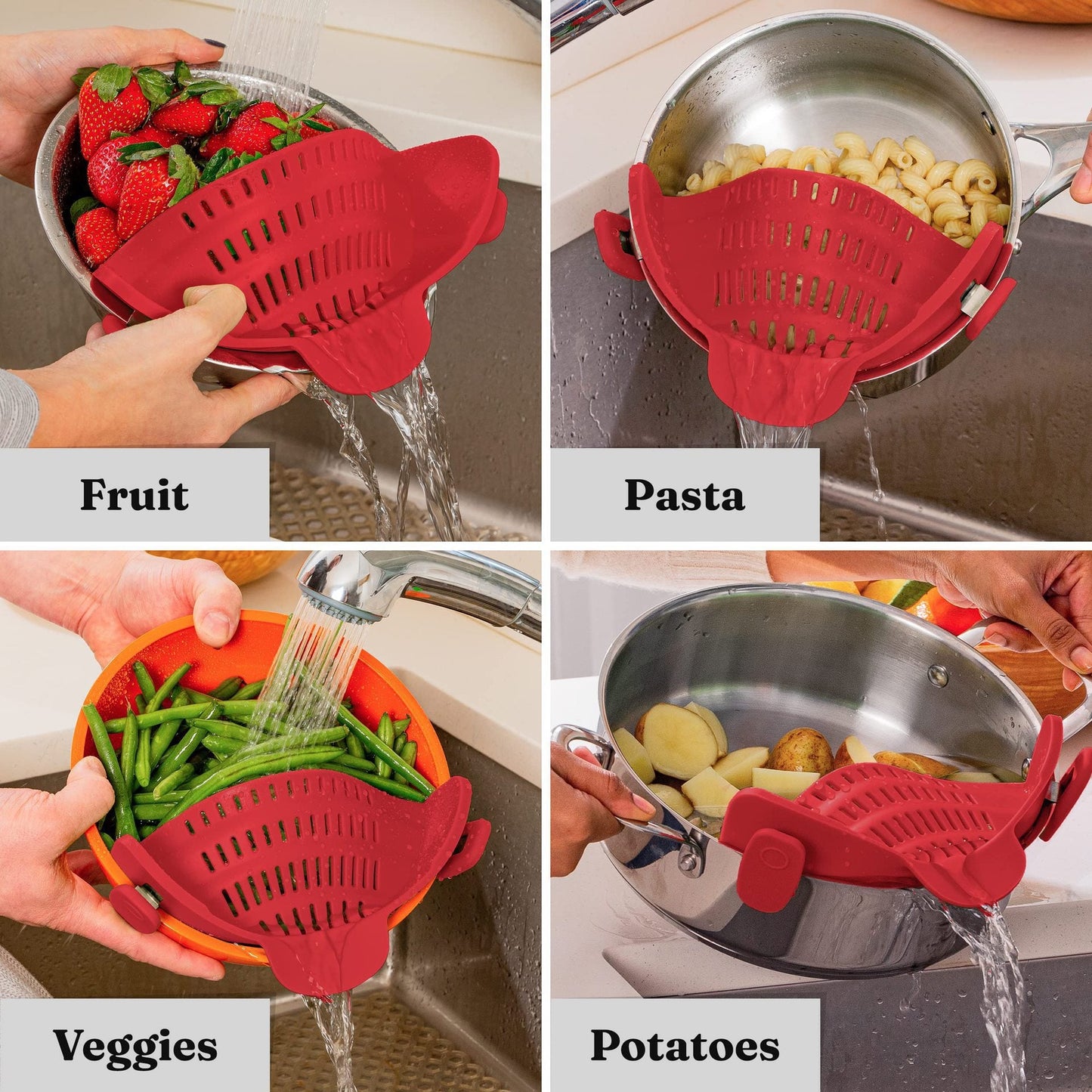 Passoire à bord de casserole en silicone de qualité alimentaire – Outil de drainage de cuisine créatif (lot de 6)