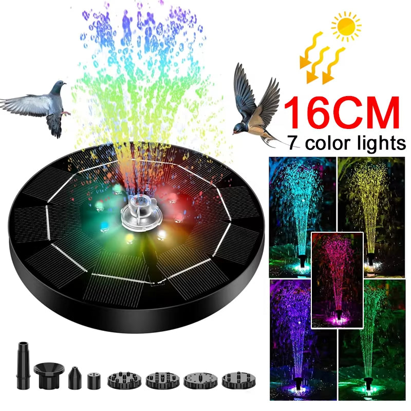 Color 7 LED Light Solar Fountain Solar Rotating Fountain 3W 6 Nozzle Water Pump Outdoors Bird Bath Garden Floating DIY Cistern