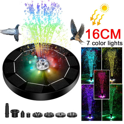 Color 7 LED Light Solar Fountain Solar Rotating Fountain 3W 6 Nozzle Water Pump Outdoors Bird Bath Garden Floating DIY Cistern