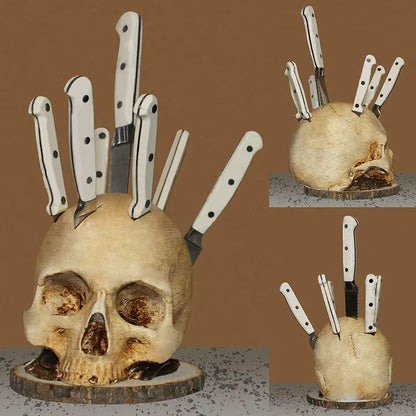 Skull Knife Holder for Kitchen, Skeleton Knife Stand, Horror Kitchen Storage Head Rack Kitchen Fruit Storage Rack Decoration