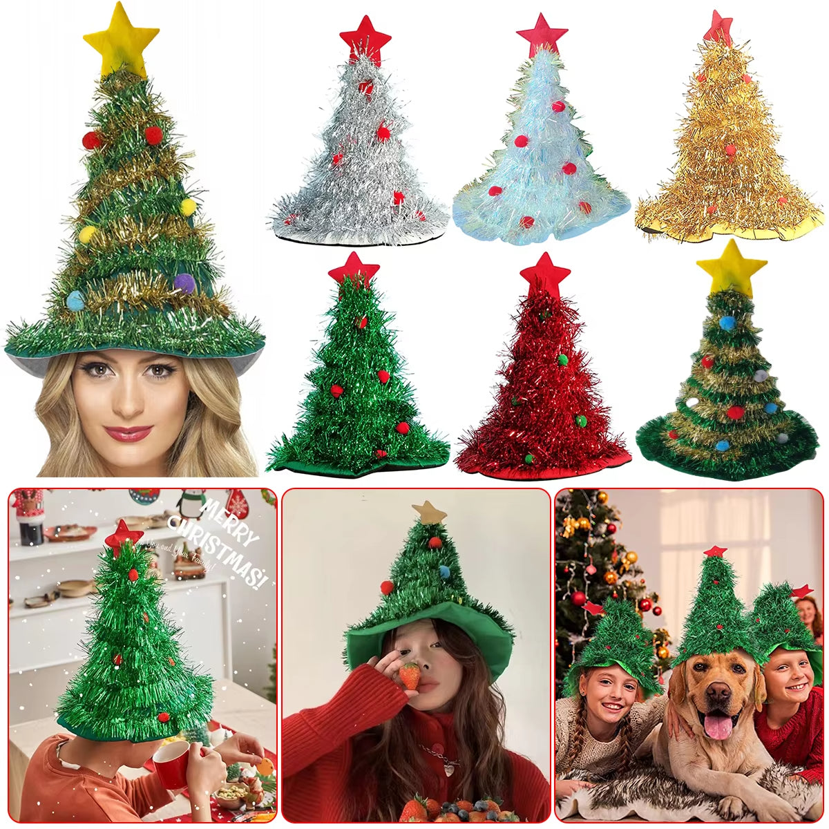 Christmas Tree Hat with Star Shiny Tinsel Xmas Tree Shaped Hats Adults Cosplay Prop for Xmas New Year Party Favor Supplies