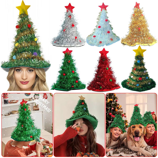 Christmas Tree Hat with Star Shiny Tinsel Xmas Tree Shaped Hats Adults Cosplay Prop for Xmas New Year Party Favor Supplies