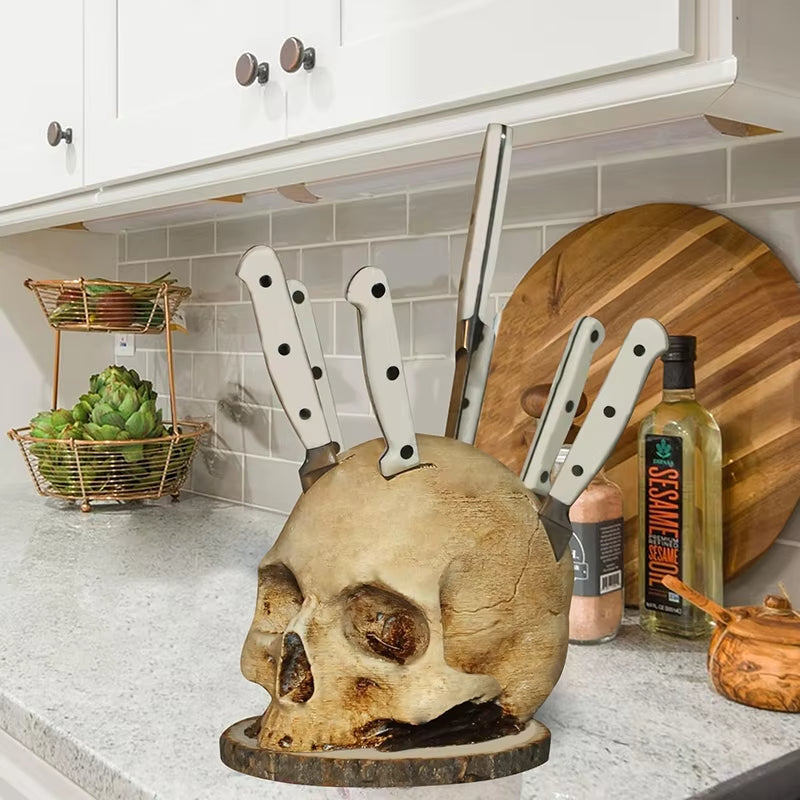 Skull Knife Holder for Kitchen, Skeleton Knife Stand, Horror Kitchen Storage Head Rack Kitchen Fruit Storage Rack Decoration