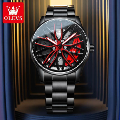 Fashion 360° Rotating Dial Quartz Watch Men's Sports Car Hub Waterproof Luminous Men's Watch