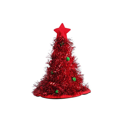 Christmas Tree Hat with Star Shiny Tinsel Xmas Tree Shaped Hats Adults Cosplay Prop for Xmas New Year Party Favor Supplies