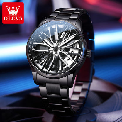 Fashion 360° Rotating Dial Quartz Watch Men's Sports Car Hub Waterproof Luminous Men's Watch