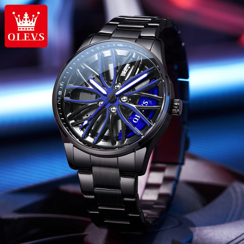 Fashion 360° Rotating Dial Quartz Watch Men's Sports Car Hub Waterproof Luminous Men's Watch