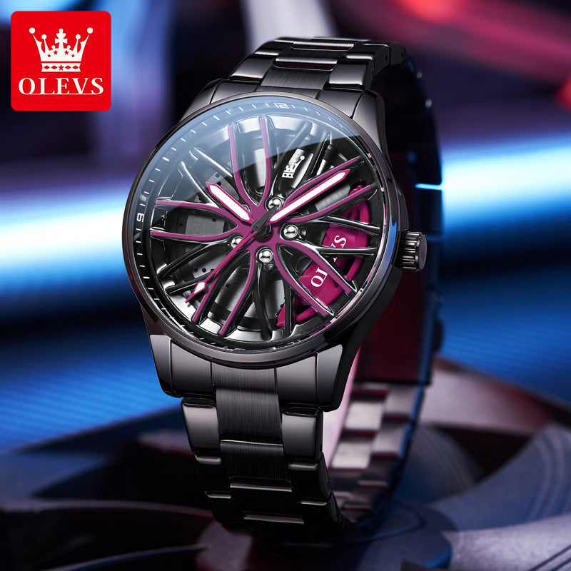 Fashion 360° Rotating Dial Quartz Watch Men's Sports Car Hub Waterproof Luminous Men's Watch