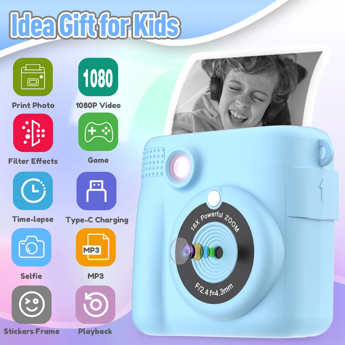 Kids Camera Instant Print, Christmas Birthday Gifts for Kids Age 3-12, Selfie Digital Camera with 1080P Videos,Toddler Portable Travel Camera Toy for 4 5 6 7 8 9 Year Old Boys