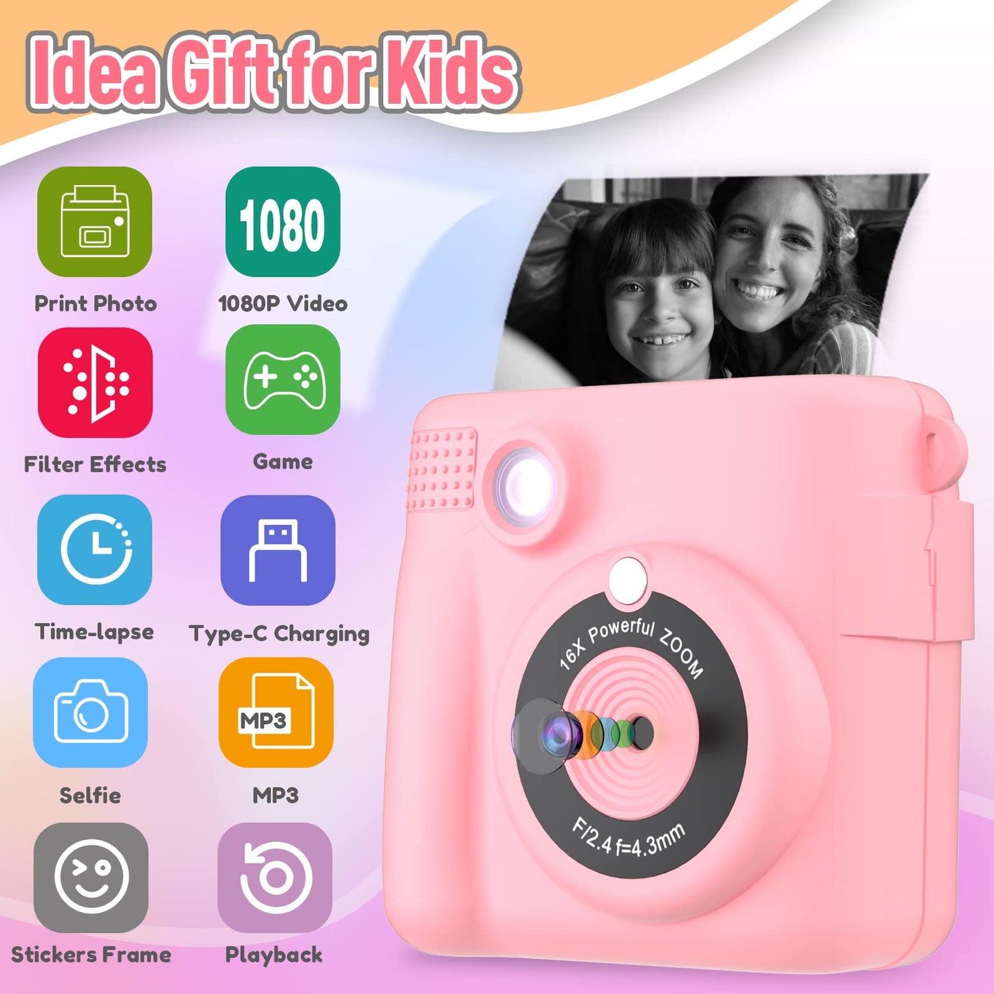 Kids Camera Instant Print, Christmas Birthday Gifts for Kids Age 3-12, Selfie Digital Camera with 1080P Videos,Toddler Portable Travel Camera Toy for 4 5 6 7 8 9 Year Old Boys