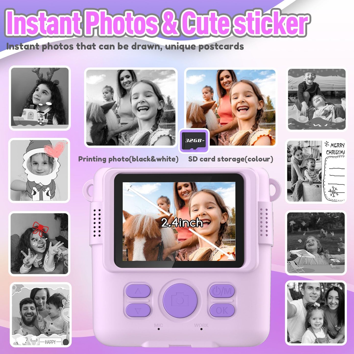 Kids Camera Instant Print, Christmas Birthday Gifts for Kids Age 3-12, Selfie Digital Camera with 1080P Videos,Toddler Portable Travel Camera Toy for 4 5 6 7 8 9 Year Old Boys