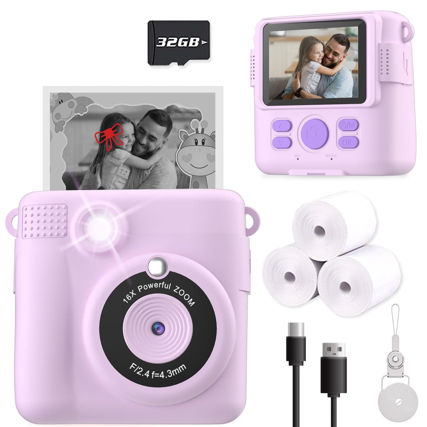 Kids Camera Instant Print, Christmas Birthday Gifts for Kids Age 3-12, Selfie Digital Camera with 1080P Videos,Toddler Portable Travel Camera Toy for 4 5 6 7 8 9 Year Old Boys